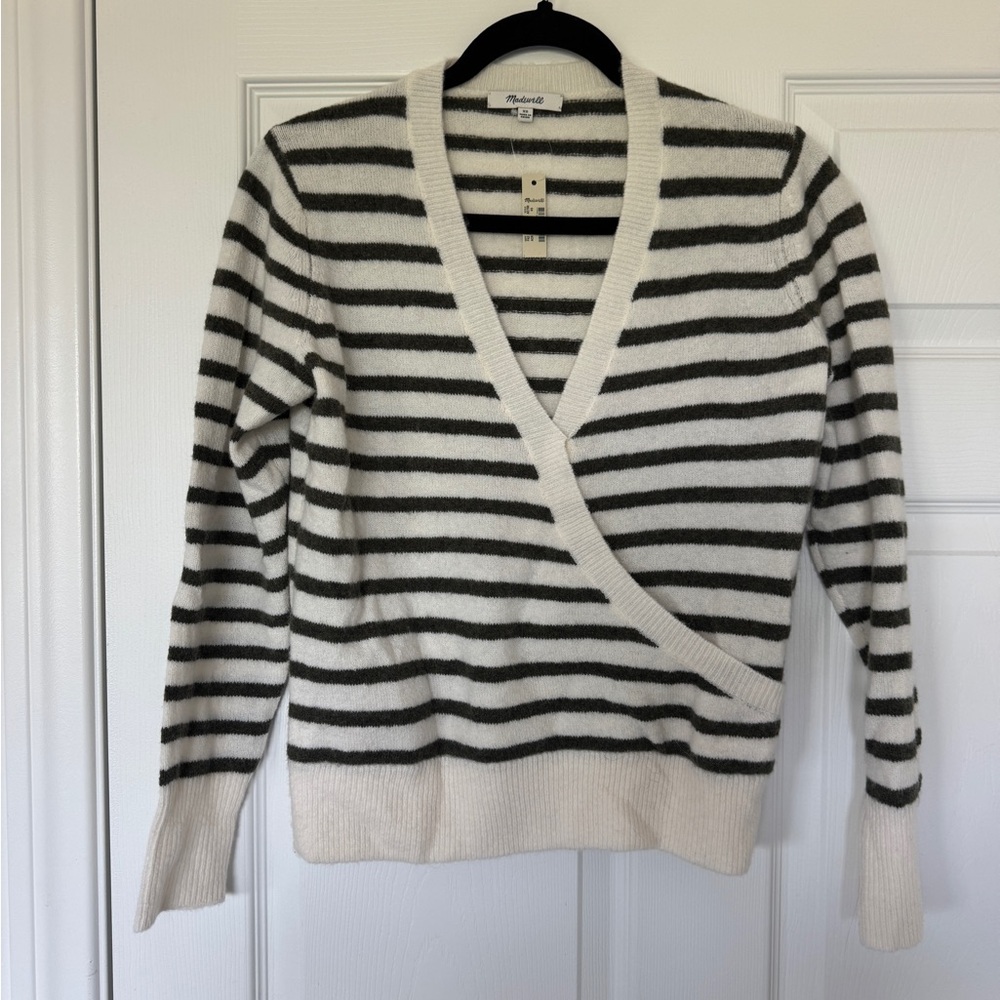 Madewell cream and green Striped Wrap Sweater